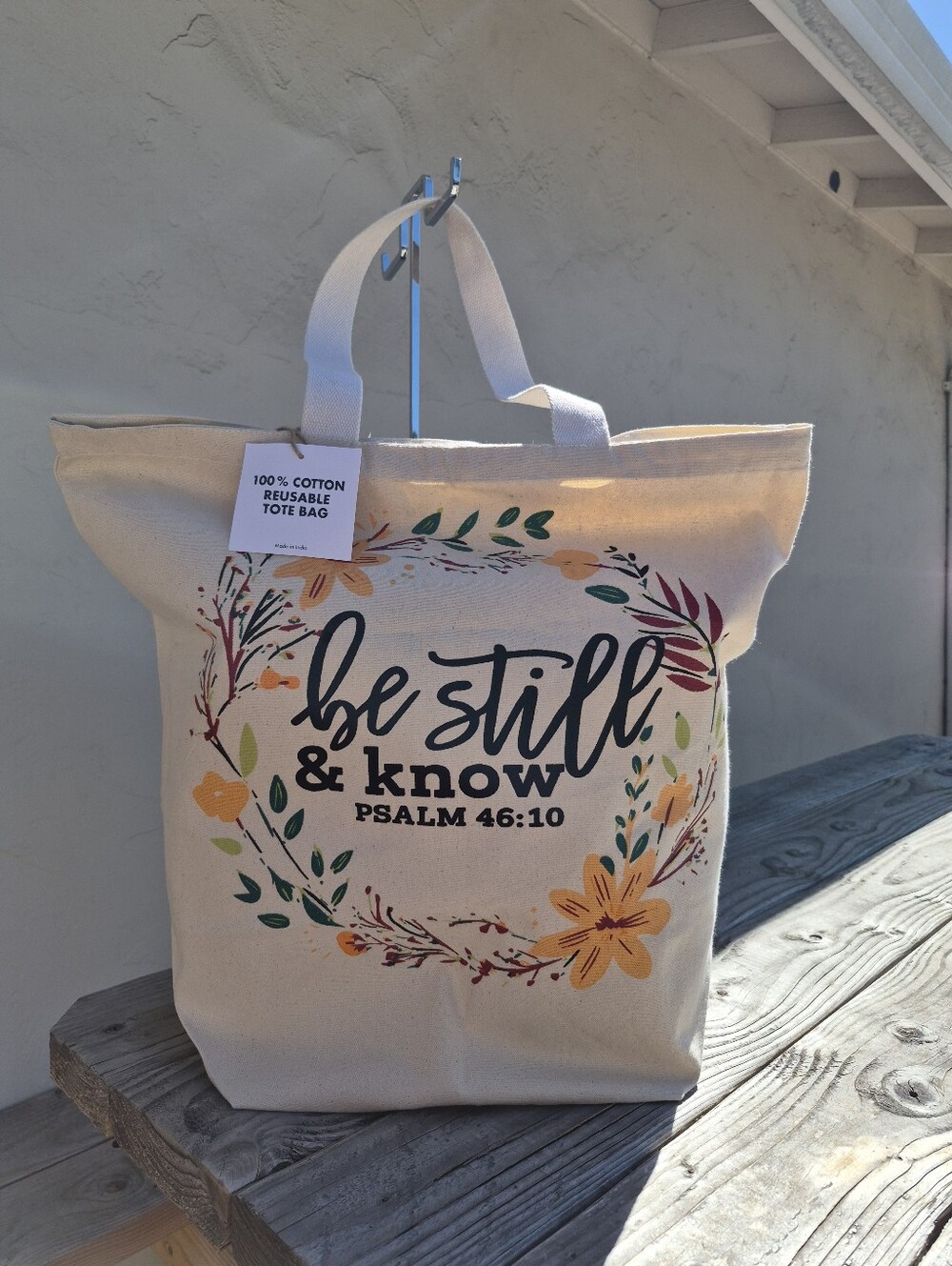 Ex-Large 100% Cotton Floral Canvas Tote Bag. 'Be Still & Know That I Am God' - Picture 2 of 4